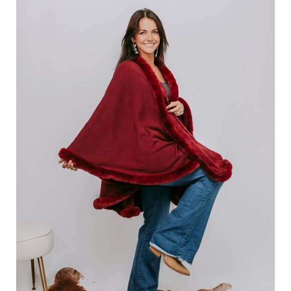 NWT Ruby Red Faux Fur Trim Poncho - Picture 7 of 9